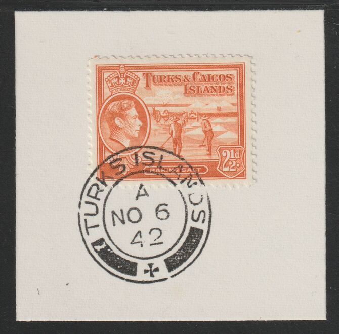 Turks & Caicos Islands 1938 KG6 Raking Salt 2.5d orange  SG 199 on piece with full strike of Madame Joseph forged postmark type 427, stamps on , stamps on  stamps on salt, stamps on  stamps on herbs, stamps on  stamps on spices, stamps on  stamps on food, stamps on  stamps on , stamps on  stamps on  kg6 , stamps on  stamps on , stamps on  stamps on minerals