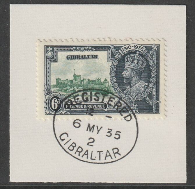 Gibraltar 1935 KG5 Silver Jubilee 6d on piece with full strike of Madame Joseph forged postmark type 185, stamps on , stamps on  kg5 , stamps on forgery, stamps on madame joseph, stamps on silver jubilee