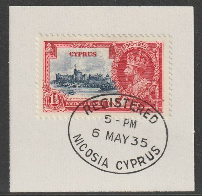 Cyprus 1935 KG5 Silver Jubilee 1.5pi on piece with full strike of Madame Joseph forged postmark type 132, stamps on , stamps on  stamps on , stamps on  stamps on  kg5 , stamps on  stamps on forgery, stamps on  stamps on madame joseph, stamps on  stamps on silver jubilee