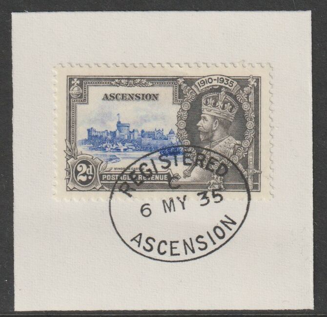 Ascension 1935 KG5 Silver Jubilee 2d on piece with full strike of Madame Joseph forged postmark type 22, stamps on , stamps on  stamps on , stamps on  stamps on  kg5 , stamps on  stamps on forgery, stamps on  stamps on madame joseph, stamps on  stamps on silver jubilee