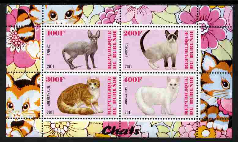 Burundi 2011 Domestic Cats #1 - pink background perf sheetlet containing 4 values unmounted mint, stamps on animals, stamps on cats