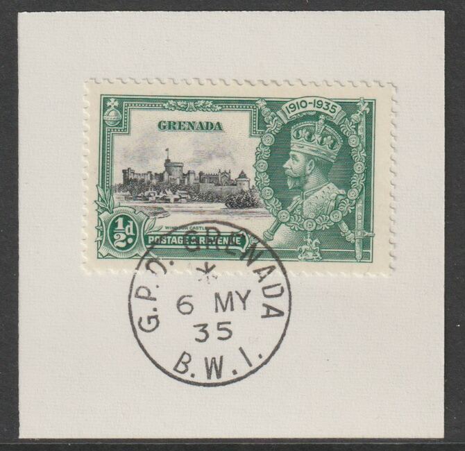 Grenada 1935 KG5 Silver Jubilee 1/2d on piece with full strike of Madame Joseph forged postmark type 203, stamps on , stamps on  stamps on , stamps on  stamps on  kg5 , stamps on  stamps on forgery, stamps on  stamps on madame joseph, stamps on  stamps on silver jubilee