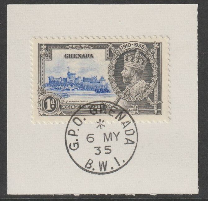 Grenada 1935 KG5 Silver Jubilee 1d on piece with full strike of Madame Joseph forged postmark type 203, stamps on , stamps on  kg5 , stamps on forgery, stamps on madame joseph, stamps on silver jubilee