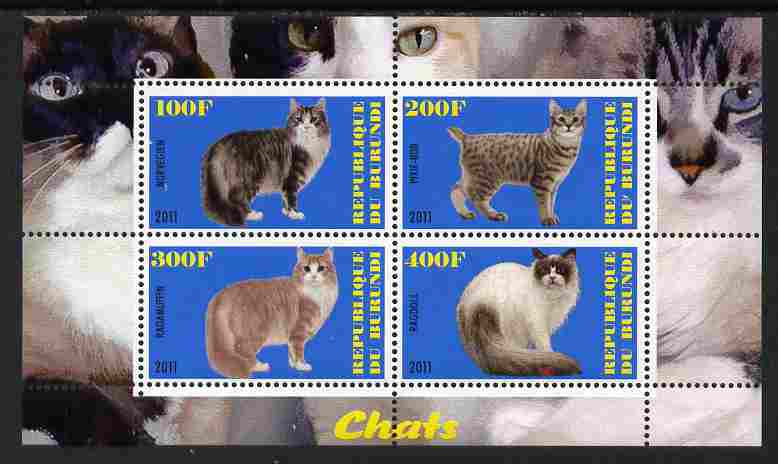 Burundi 2011 Domestic Cats #3 - blue background perf sheetlet containing 4 values unmounted mint, stamps on animals, stamps on cats