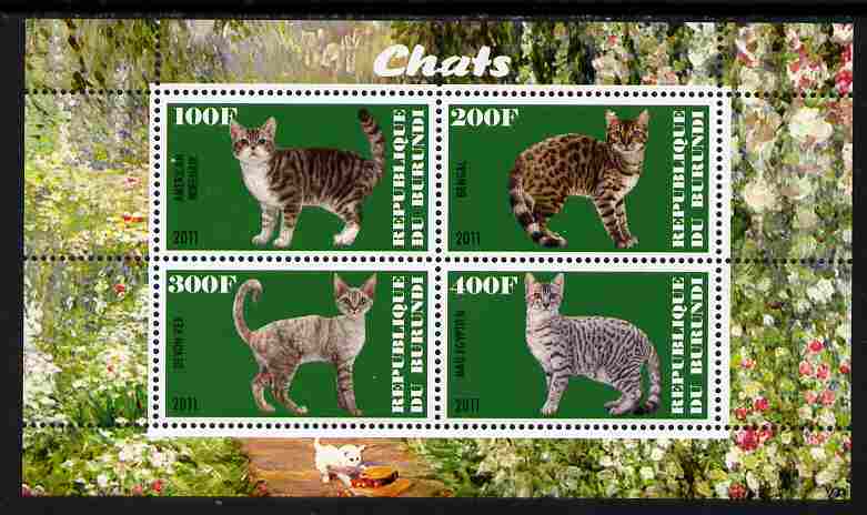 Burundi 2011 Domestic Cats #5 - green background perf sheetlet containing 4 values unmounted mint, stamps on animals, stamps on cats