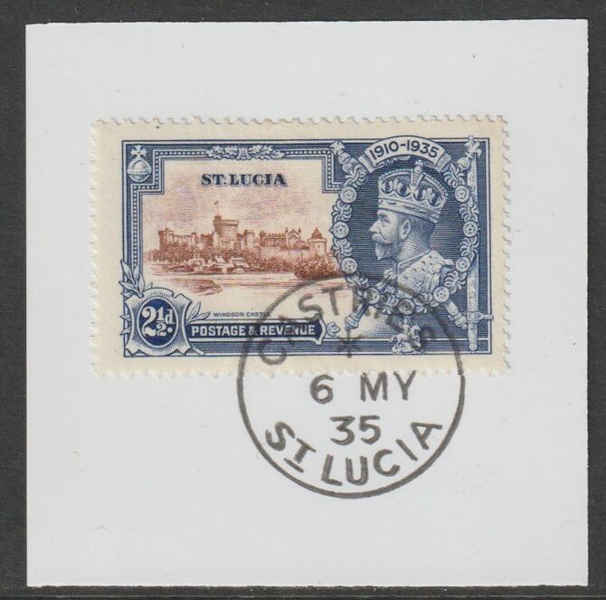 St Lucia 1935 KG5 Silver Jubilee 2.5d on piece with full strike of Madame Joseph forged postmark type 358, stamps on , stamps on  stamps on , stamps on  stamps on  kg5 , stamps on  stamps on silver jubilee, stamps on  stamps on castles, stamps on  stamps on forgery, stamps on  stamps on forgeries