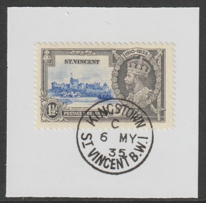 St Vincent 1935 KG5 Silver Jubilee 1.5d on piece with full strike of Madame Joseph forged postmark type 369, stamps on , stamps on  stamps on , stamps on  stamps on  kg5 , stamps on  stamps on silver jubilee, stamps on  stamps on castles, stamps on  stamps on forgery, stamps on  stamps on forgeries