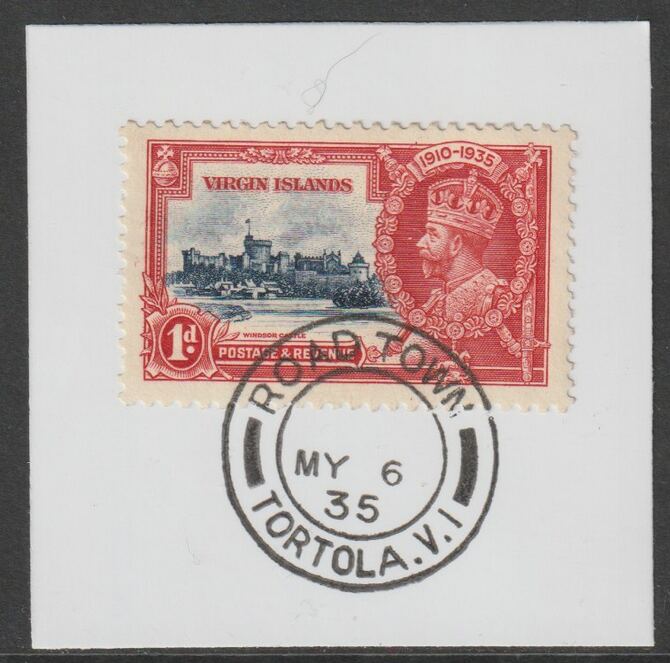 British Virgin Islands 1935 KG5 Silver Jubilee 1d on piece with full strike of Madame Joseph forged postmark type 430, stamps on , stamps on  kg5 , stamps on silver jubilee, stamps on castles, stamps on forgery, stamps on forgeries