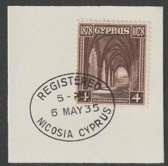Cyprus 1928 KG5 50th Anniversary 4 pi deep brown,on piece with full strike of Madame Joseph forged postmark type 132, stamps on , stamps on  kg5 , stamps on abbeys