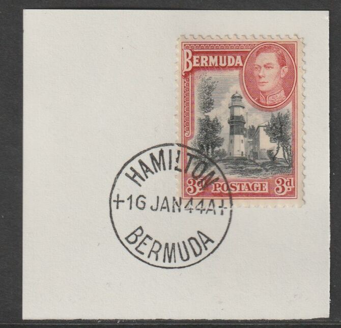 Bermuda 1938 KG6 3d black & rose-red on piece cancelled with full strike of Madame Joseph forged postmark type 64, stamps on , stamps on  kg6 , stamps on forgeries, stamps on lighthouses