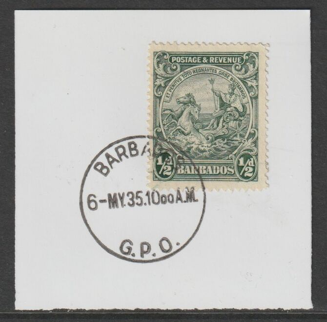 Barbados 1925 KG5 Britannia 1/2d green on piece with full strike of Madame Joseph forged postmark type 46, stamps on , stamps on  kg5 , stamps on forgery, stamps on madame joseph