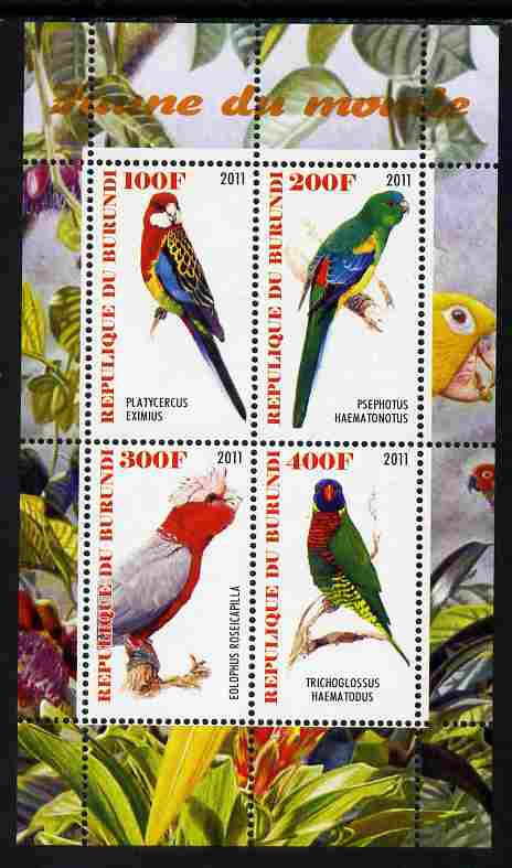 Burundi 2011 Fauna of the World - Parrots #3 perf sheetlet containing 4 values unmounted mint, stamps on birds, stamps on parrots