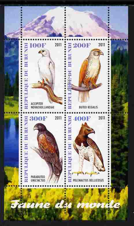 Burundi 2011 Fauna of the World - Birds of Prey perf sheetlet containing 4 values unmounted mint, stamps on birds, stamps on birds of prey