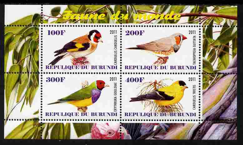 Burundi 2011 Fauna of the World - Birds - Finches perf sheetlet containing 4 values unmounted mint, stamps on birds, stamps on finches