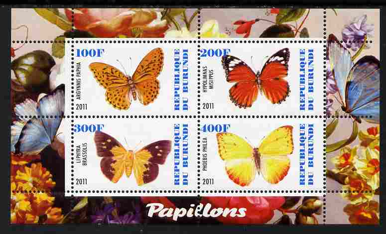 Burundi 2011 Fauna of the World - Butterflies #3 perf sheetlet containing 4 values unmounted mint, stamps on butterflies