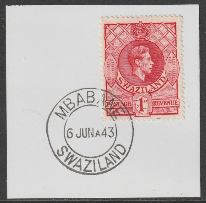 Swaziland 1938 KG6 Definitive 1d on piece with full strike of Madame Joseph forged postmark type 411, stamps on , stamps on  stamps on , stamps on  stamps on  kg6 , stamps on  stamps on forgery, stamps on  stamps on forgeries