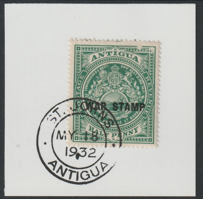 Antigua 1916 War Tax 1/2d green (black overprint) on piece with full strike of Madame Joseph forged postmark type 14, stamps on , stamps on  kg6 , stamps on forgery, stamps on forgeries, stamps on  ww1 , stamps on 