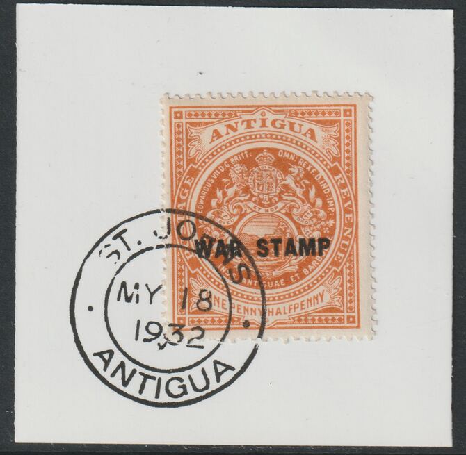 Antigua 1918 War Tax 1.5d orange on piece with full strike of Madame Joseph forged postmark type 14, stamps on , stamps on  stamps on , stamps on  stamps on  kg6 , stamps on  stamps on forgery, stamps on  stamps on forgeries, stamps on  stamps on  ww1 , stamps on  stamps on 