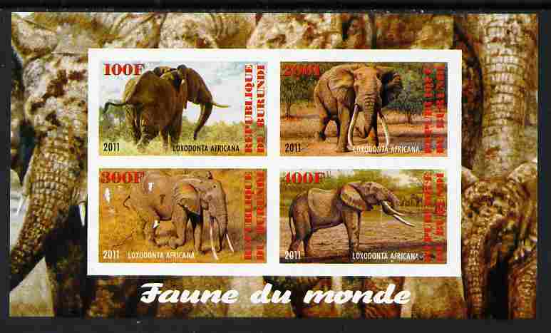 Burundi 2011 Fauna of the World - Elephants imperf sheetlet containing 4 values unmounted mint, stamps on , stamps on  stamps on animals, stamps on  stamps on elephants