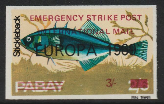 Pabay 1971 Strike Mail - Fish - Stickelback imperf 3s on 2s6d overprinted Europa 1969 additionally opt'd  Emergency Strike Post International Mail unmounted mint , stamps on , stamps on  stamps on strike, stamps on  stamps on europa, stamps on  stamps on fish, stamps on  stamps on postal