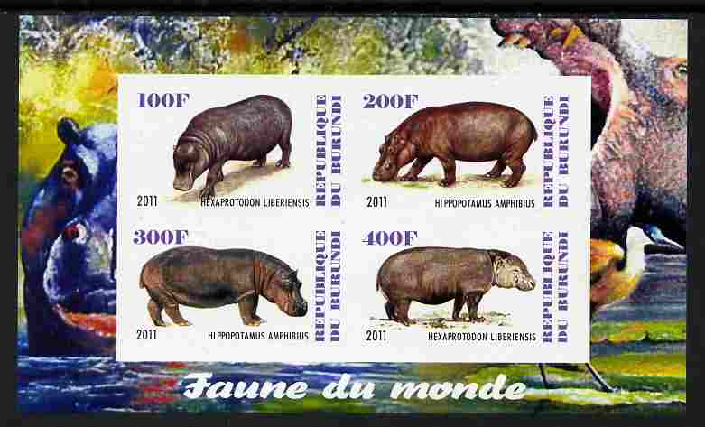 Burundi 2011 Fauna of the World - Hippos imperf sheetlet containing 4 values unmounted mint, stamps on animals, stamps on hippos