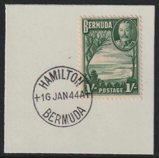 Bermuda 1936 KG5 Pictorial 1s green on piece cancelled with full strike of Madame Joseph forged postmark type 64, stamps on , stamps on  stamps on , stamps on  stamps on  kg5 , stamps on  stamps on forgeries, stamps on  stamps on tourism