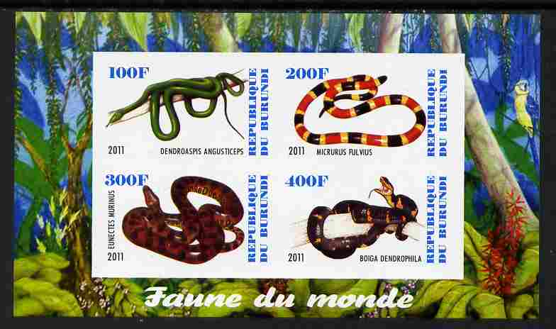 Burundi 2011 Fauna of the World - Reptiles - Snakes #3 imperf sheetlet containing 4 values unmounted mint, stamps on animals, stamps on reptiles, stamps on snakes