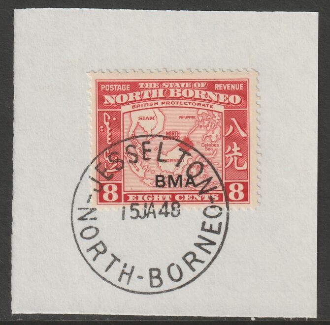 North Borneo 1945 BMA overprinted on 8c on piece with full strike of Madame Joseph forged postmark type 311, stamps on forgeries, stamps on  kg6 , stamps on maps