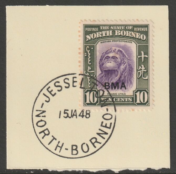 North Borneo 1945 BMA overprinted on 10c on piece with full strike of Madame Joseph forged postmark type 311, stamps on forgeries, stamps on  kg6 , stamps on animals, stamps on apes