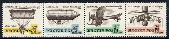 Hungary 1967 'Aerofila '67' Airmail Stamp Exhibition #1 se-tenant perf strip of 4 (Parachute, Airship, Helicopter) unmounted mint Mi 2317-20, stamps on aviation, stamps on parachutes, stamps on helicopter, stamps on airships, stamps on   stamp exhibitions