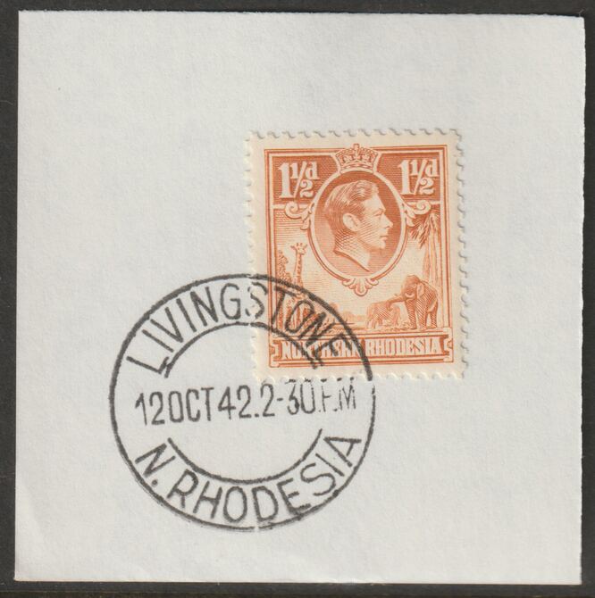 Northern Rhodesia 1938 KG6 1.5d yellow-brown on piece with full strike of Madame Joseph forged postmark type 335, stamps on , stamps on  stamps on , stamps on  stamps on  kg6 , stamps on  stamps on forgeries, stamps on  stamps on animals, stamps on  stamps on giraffes, stamps on  stamps on elephants