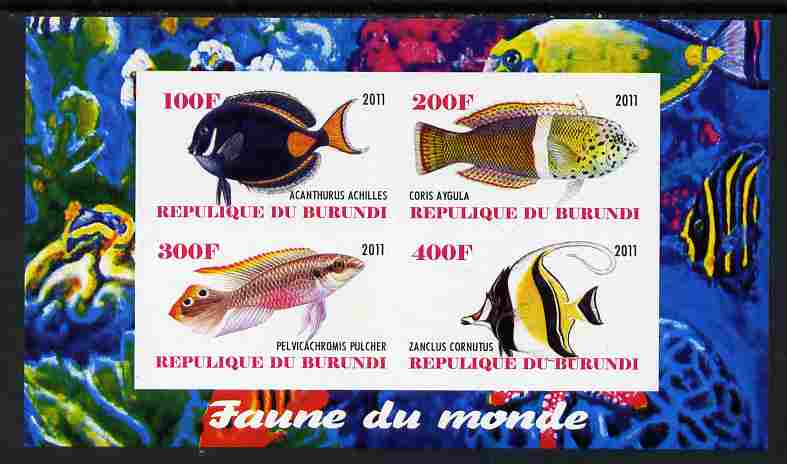 Burundi 2011 Fauna of the World - Fish #3 imperf sheetlet containing 4 values unmounted mint, stamps on animals, stamps on fish, stamps on sharks