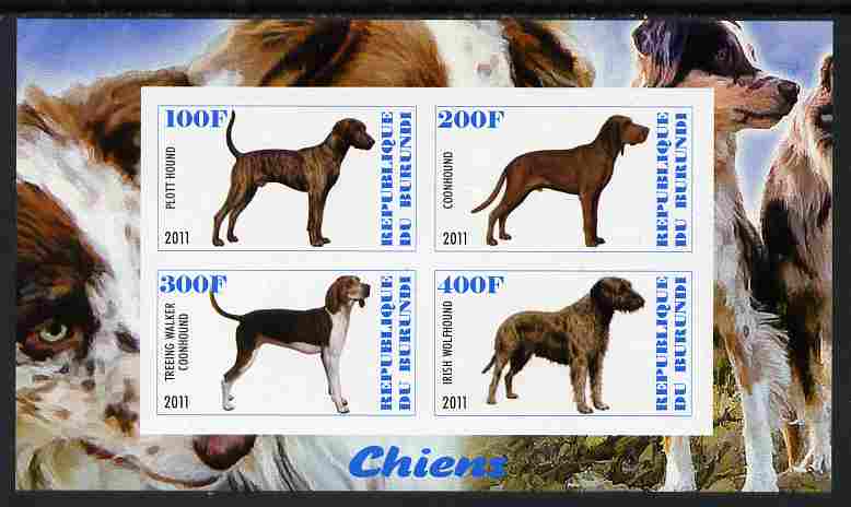 Burundi 2011 Dogs #8 imperf sheetlet containing 4 values unmounted mint, stamps on animals, stamps on dogs