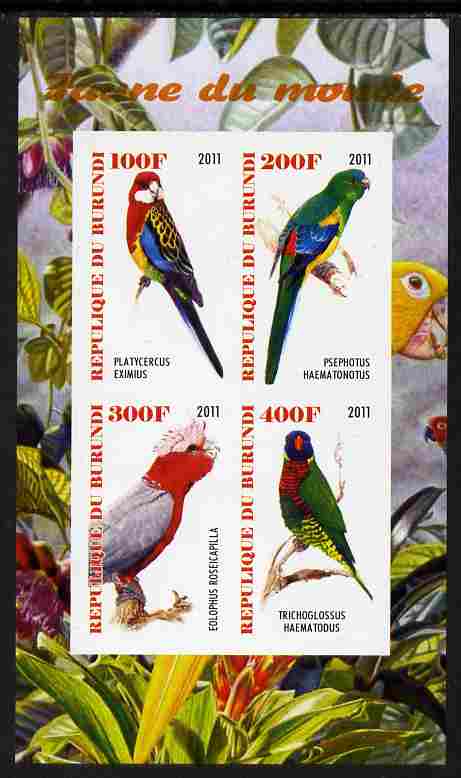 Burundi 2011 Fauna of the World - Parrots #3 imperf sheetlet containing 4 values unmounted mint, stamps on , stamps on  stamps on birds, stamps on  stamps on parrots