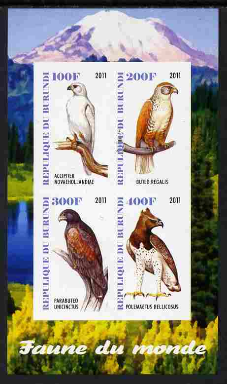 Burundi 2011 Fauna of the World - Birds of Prey imperf sheetlet containing 4 values unmounted mint, stamps on birds, stamps on birds of prey