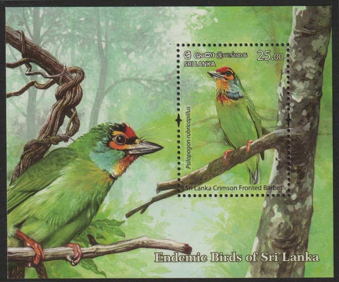 Sri Lanka 2021 Endemic Birds - crimson fronted Barbet individual deluxe sheet  unmounted mint, stamps on birds, stamps on barbet