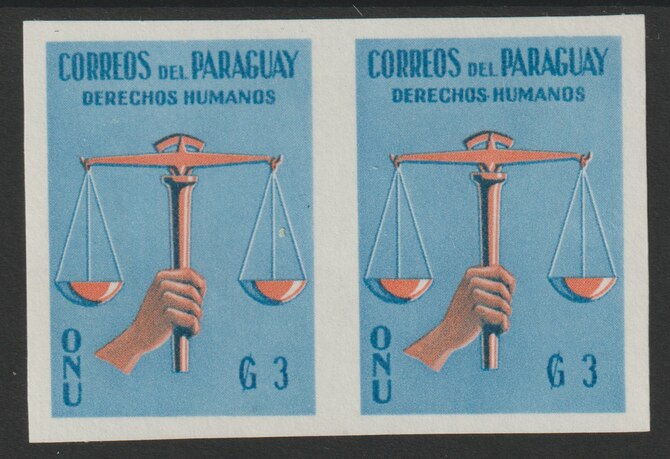 Paraguay 1960 Human Rights 3g imperf pair superb unmounted mint, as SG880, stamps on human rights, stamps on united nations, stamps on  un , stamps on justice