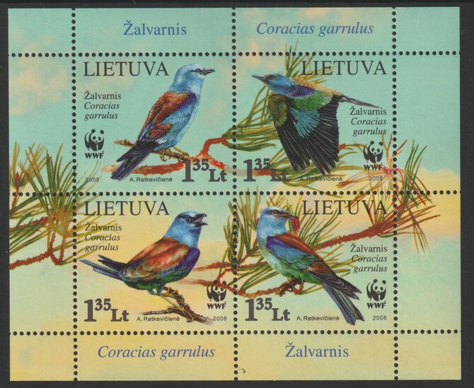 Lithuania 2008 WWF - Birds (Roller) perf sheet containing 4 values  unmounted mint,, stamps on birds, stamps on  wwf , stamps on roller