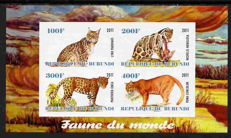 Burundi 2011 Fauna of the World - Wild Cats #3 imperf sheetlet containing 4 values unmounted mint, stamps on animals, stamps on cats