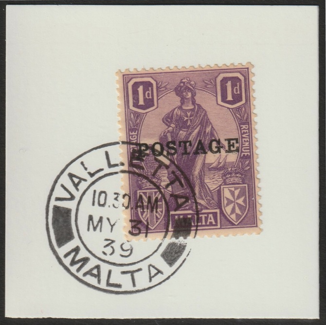 Malta 1926 POSTAGE overprint on 1d on piece with full strike of Madame Joseph forged postmark type 248, stamps on , stamps on  stamps on , stamps on  stamps on forgery, stamps on  stamps on forgeries, stamps on  stamps on  kg5 , stamps on  stamps on 