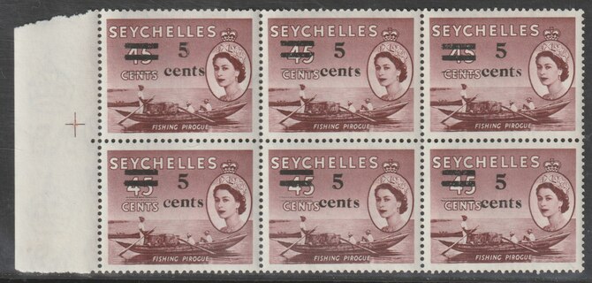 Seychelles 1957 Surcharged 5c on  45c (Fishing Pirogue) marginal block of 6 with 'italic s' on R5-3 unmounted mint SG 191b, stamps on fish, stamps on fishing