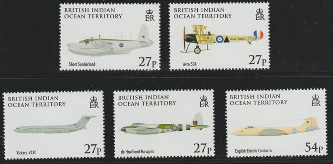British Indian Ocean Territory 2008 90th Anniversary of Royal Air Force set of 5 unmounted mint SG379-83, stamps on aviation, stamps on  raf , stamps on royal air force, stamps on 