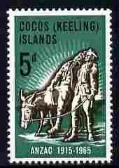 Cocos (Keeling) Islands 1965 50th Anniversary of Gallipoli Landing 5d unmounted mint SG 7, stamps on , stamps on  ww1 , stamps on battles, stamps on donkey, stamps on donkeys