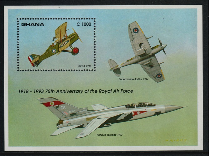 Ghana 1993 75th Anniversary of Royal Air Force perf m/sheet featuring SE5A  unmounted mint SG MS1834b, stamps on aviation, stamps on , stamps on  ww2 , stamps on , stamps on  raf , stamps on spitfire, stamps on tornado