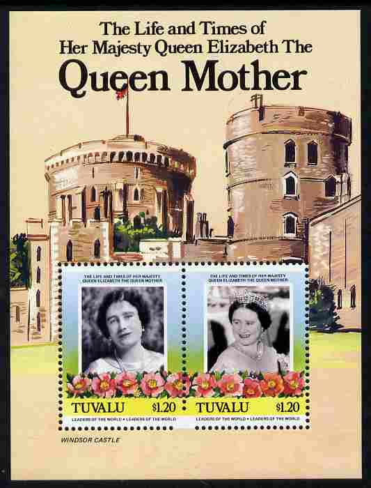 Tuvalu 1985 Life & Times of HM Queen Mother (Leaders of the World) m/sheet showing Windsor Castle, partially imperf at base probably due to several broken perf pins unmounted mint, as SG MS 342, stamps on royalty, stamps on queen mother, stamps on castles