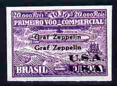 Brazil 1930 Air 20,000r violet with Graf Zeppelin USA overprint doubled being a 'Hialeah' forgery imperf on gummed paper , stamps on , stamps on  stamps on aviation, stamps on  stamps on airships, stamps on  stamps on zeppelins, stamps on  stamps on forgeries