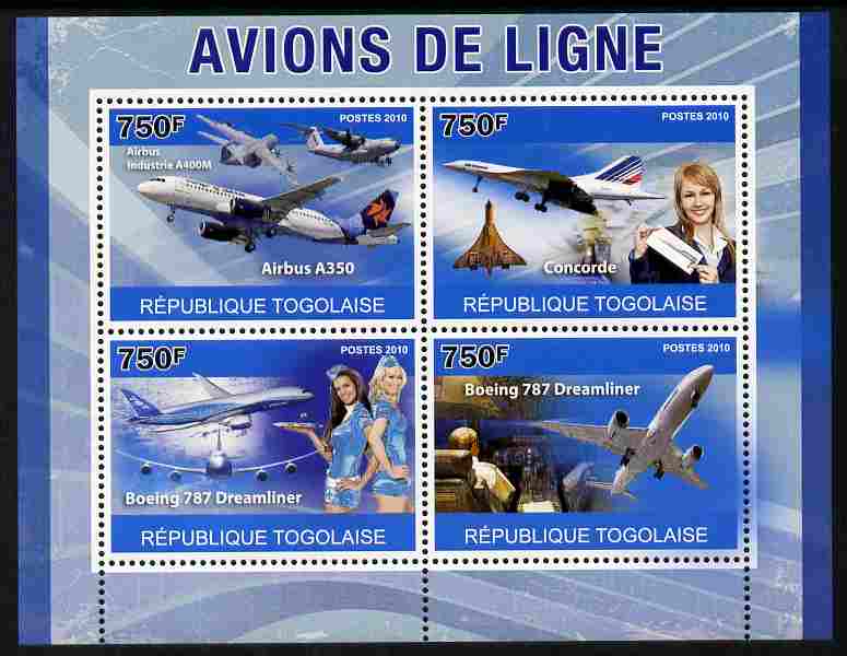 Togo 2010 Airliners perf sheetlet containing 4 values unmounted mint , stamps on transport, stamps on aviation, stamps on airbus, stamps on concorde, stamps on boeing