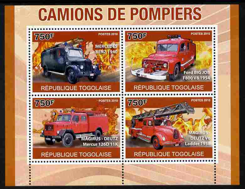 Togo 2010 Fire Trucks perf sheetlet containing 4 values unmounted mint , stamps on transport, stamps on fire, stamps on trucks