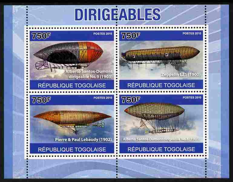 Togo 2010 Dirigibles perf sheetlet containing 4 values unmounted mint , stamps on transport, stamps on aviation, stamps on airships, stamps on zeppelins