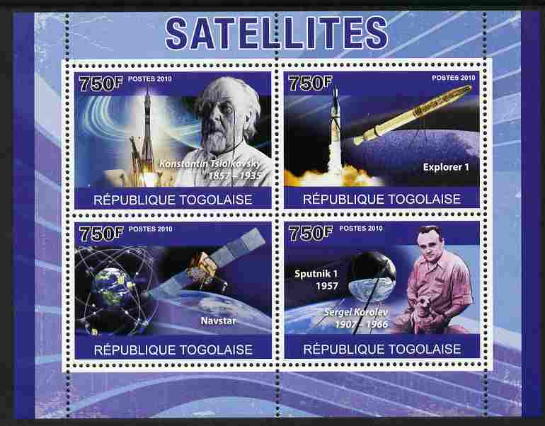 Togo 2010 Satellites perf sheetlet containing 4 values unmounted mint , stamps on space, stamps on rockets, stamps on satellites